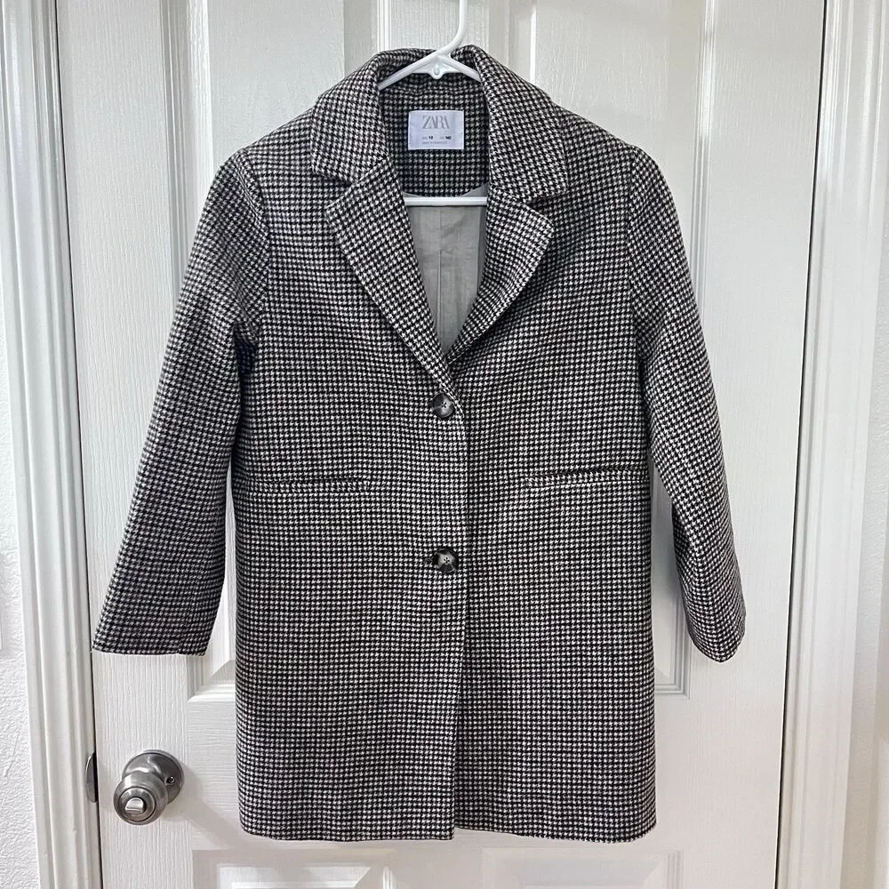 Zara Girls Two Tone Wool Blend Plaid Tweed Coat Brown Black Size 10